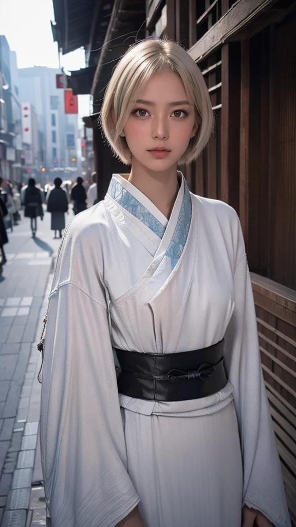 High resolution、masterpiece、Textured skin、high quality、Ultra high definition、Very detailed、woman、Short blonde hair parted in the center、Looking at the camera、Large Breasts、Perfect Style、Long legs、Background blur、far and near method、Gothic Kimono、Street Snap、