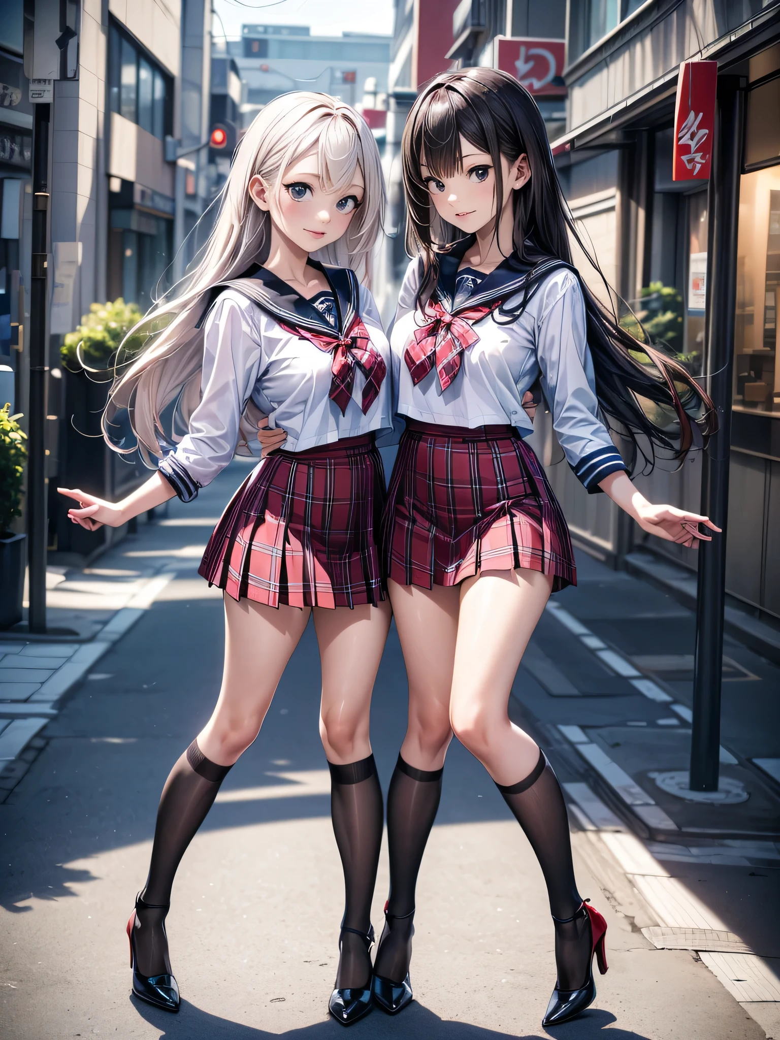 (masterpiece:1.3),(best quality, highest quality),((Full Body Shot,Including face)),2girls,4K,masterpiece,((Focus on the face)),((Symmetrical facial features)),Beautiful woman,(Slender),Facial detailing,(Black Sailor Suit、Red check block pleated skirt:1.3)、Bow tie、Shibuya Center Street,JK、High school girl、High heels、Game Center