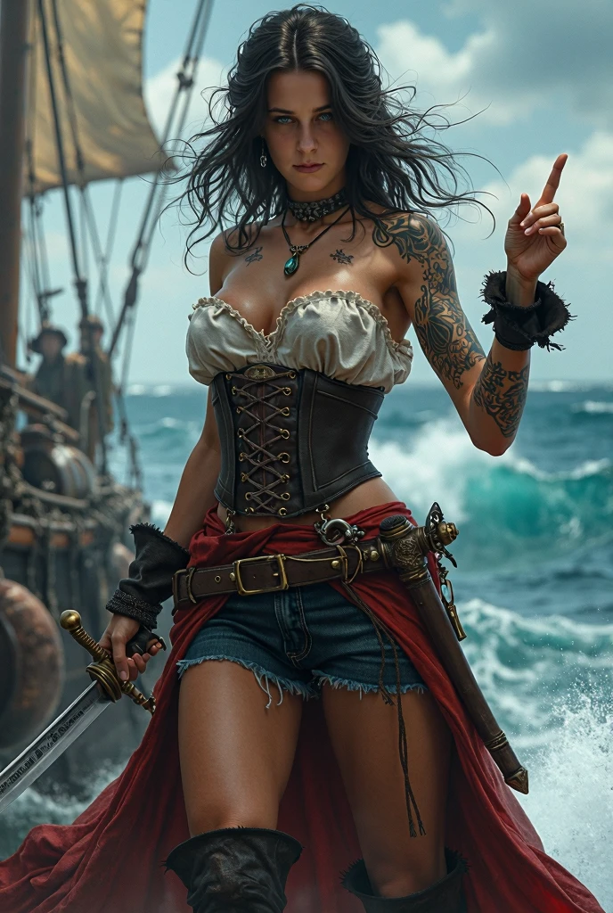 dramatic lighting, high quality, cinematic film, (attractive black girl, wearing dirty and tattered pirate costumes, standing on the deck of a pirate ship moored in the Caribbean port), breasts down, dark and gloomy atmosphere, toned body (torn clothes: 0.8), perfect face, looking at the viewer, (detailed skin), [tattoos], [freckles], ((dirty)), (muddy), (storm clouds: 0.7), (storm weather:  0.5), dull, natural lighting, (direct light:0.4), 8mm film grain, shot on Sony a9 II, 24mm lens, F/2.8 aperture, deep focus, (RAW), 8k, (still from The Lost Pirate Kingdom)