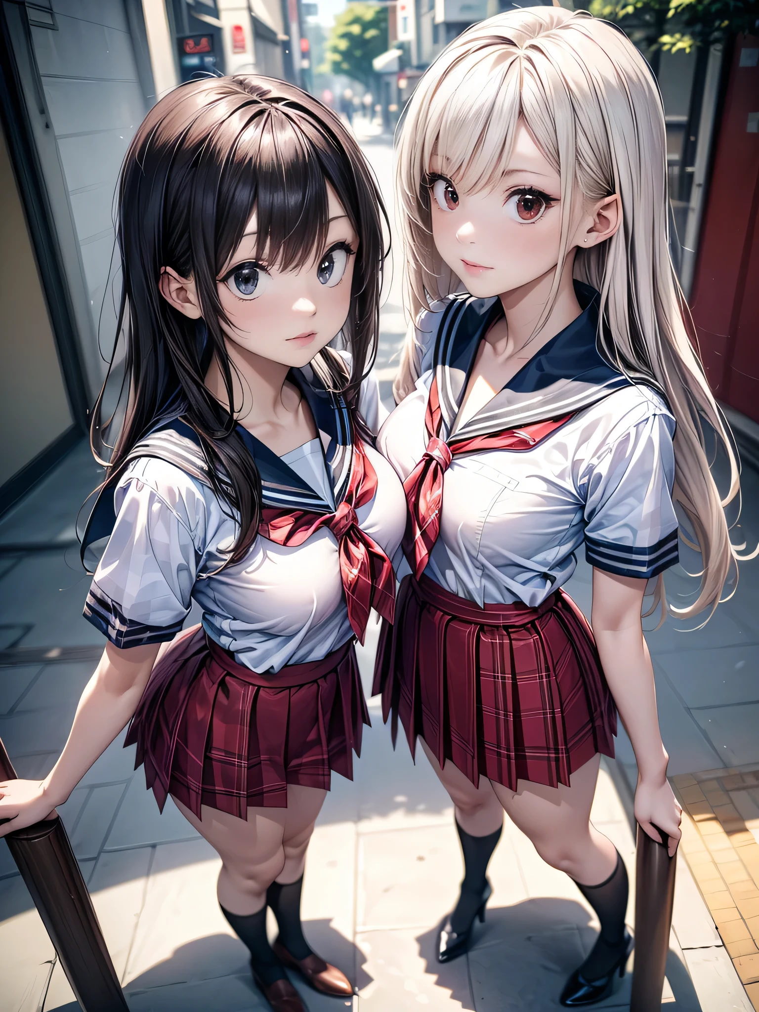 (masterpiece:1.3),(best quality, highest quality),((Full Body Shot,Including face)),2girls,4K,masterpiece,((Focus on the face)),((Symmetrical facial features)),Beautiful woman,(Slender),Facial detailing,(Black Sailor Suit、Red check block pleated skirt:1.3)、Bow tie、Shibuya Center Street,JK、High school girl、High heels、Game Center