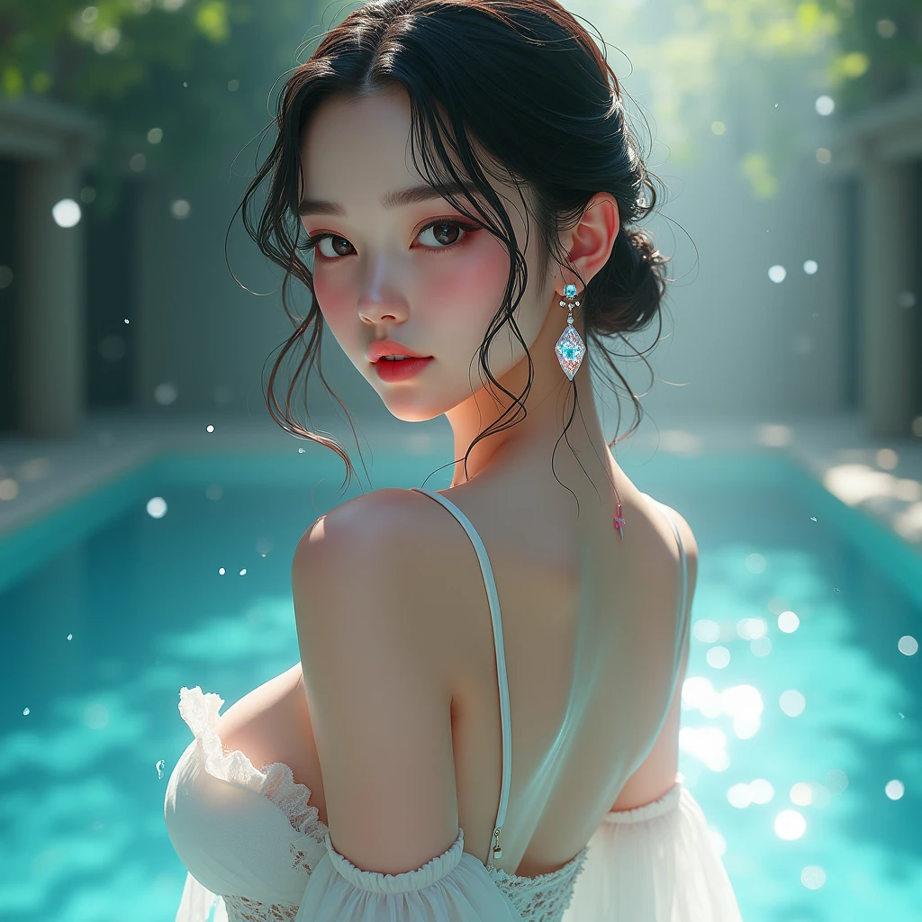 realistic portraits, Students of surrealism, arte digital ultrarealista, hyper realistic digital painting, tsunade, ultra-realistic image，Close-up of a woman in a transparent white wetsuit in a swimming pool，wet swimsuit，wet and shiny skin!,wet blouses，wet and shiny skin，wet and sweaty skin，wet tshirt，wet look，Beautiful girl，translucent body，lesbian full body，body soaking wet，Kizi，covered in water drops，Wet drip，Kizi sexy，Kale，Lie down，wet tshirt，Exposed milk，big and deep breasts， tit ，（（ your ass）），back to look back