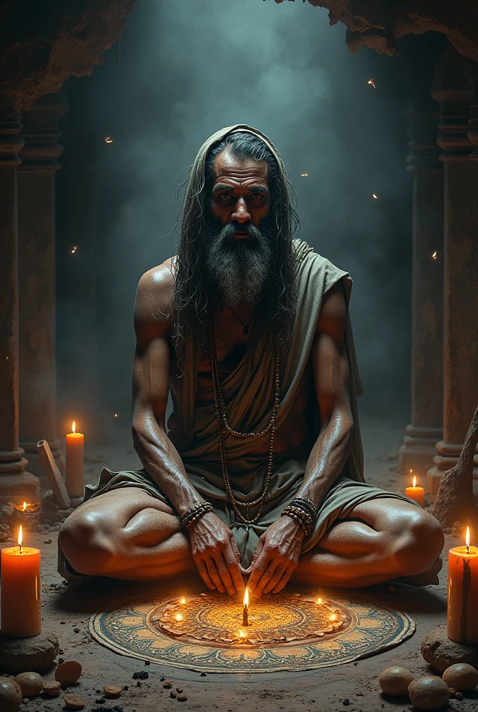 "Aghori sadhu sitting on a cremation pyre, surrounded by skulls and bones, with a haunting gaze in the dark of night."