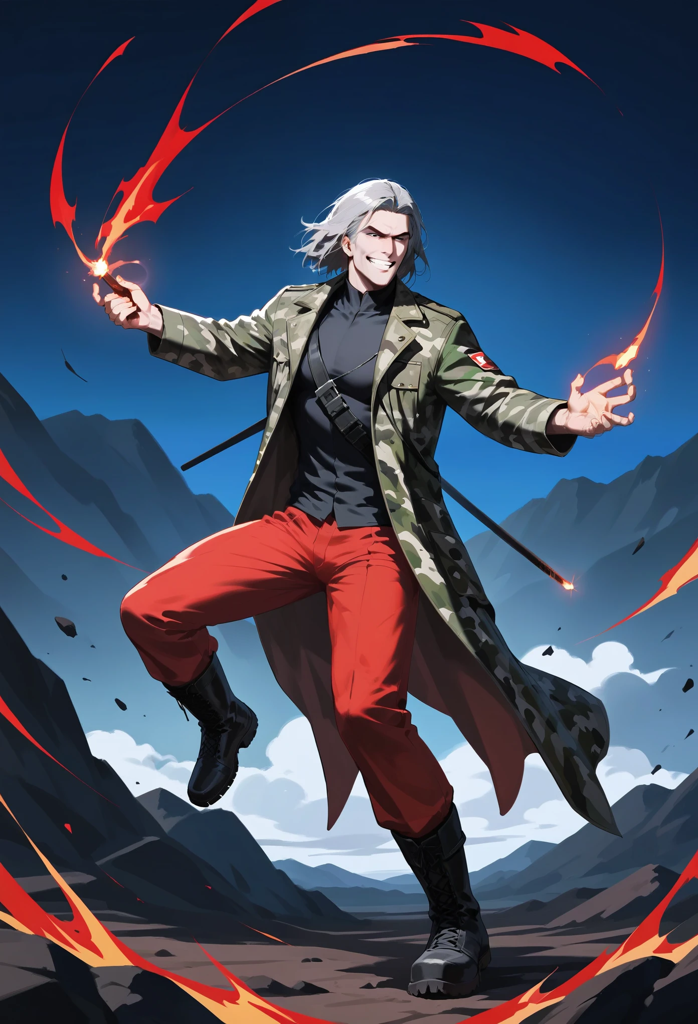 score_9, score_8_up, score_7_up, score_6_up, score_5_up, score_4_up, (masterpiece, best quality:1.2), highly detailed, rating_explicit, illustration,mature men, , evil smile, grey hair, medium hair, toned body, full body, camo jacket, red pants, leather boots, forwst landscape , action painting, magic weapons, thunder strikes, 