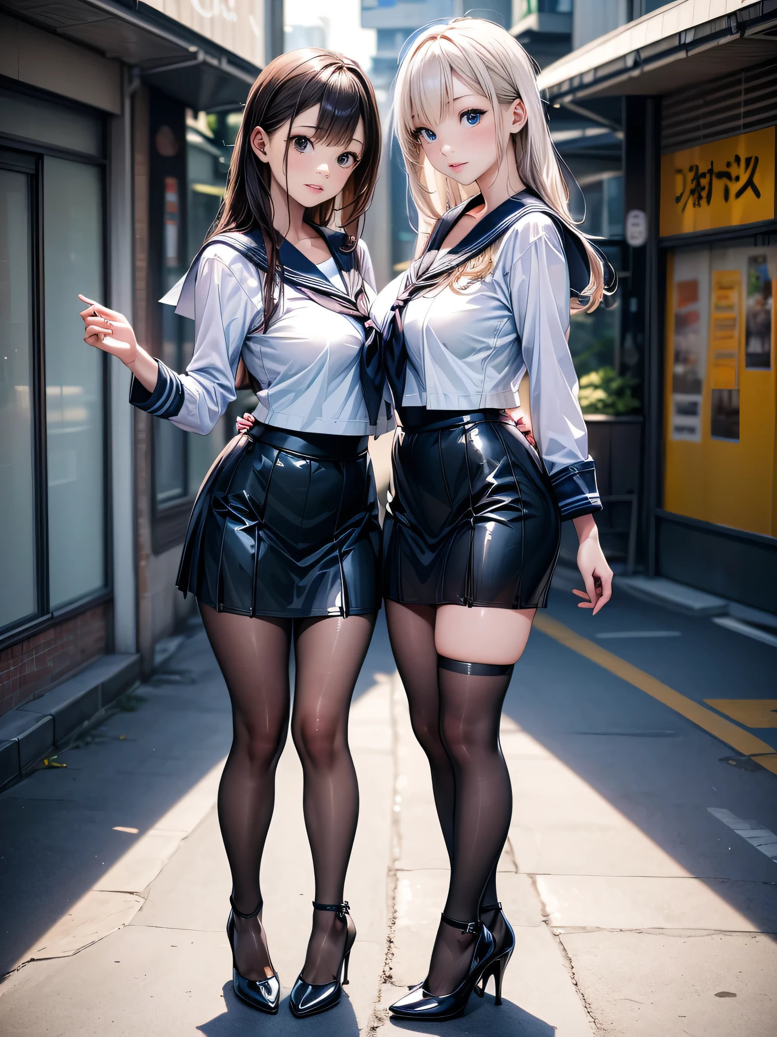 (masterpiece:1.3),(best quality, highest quality),((Full Body Shot,Including face)),2girls,4K,masterpiece,((Focus on the face)),((Symmetrical facial features)),Beautiful woman,(Slender:1.5),Facial detailing,(Latex black sailor suit、skirt:1.3)、tie、Shibuya Center Street,JK、High school girl、High heels、Game Center