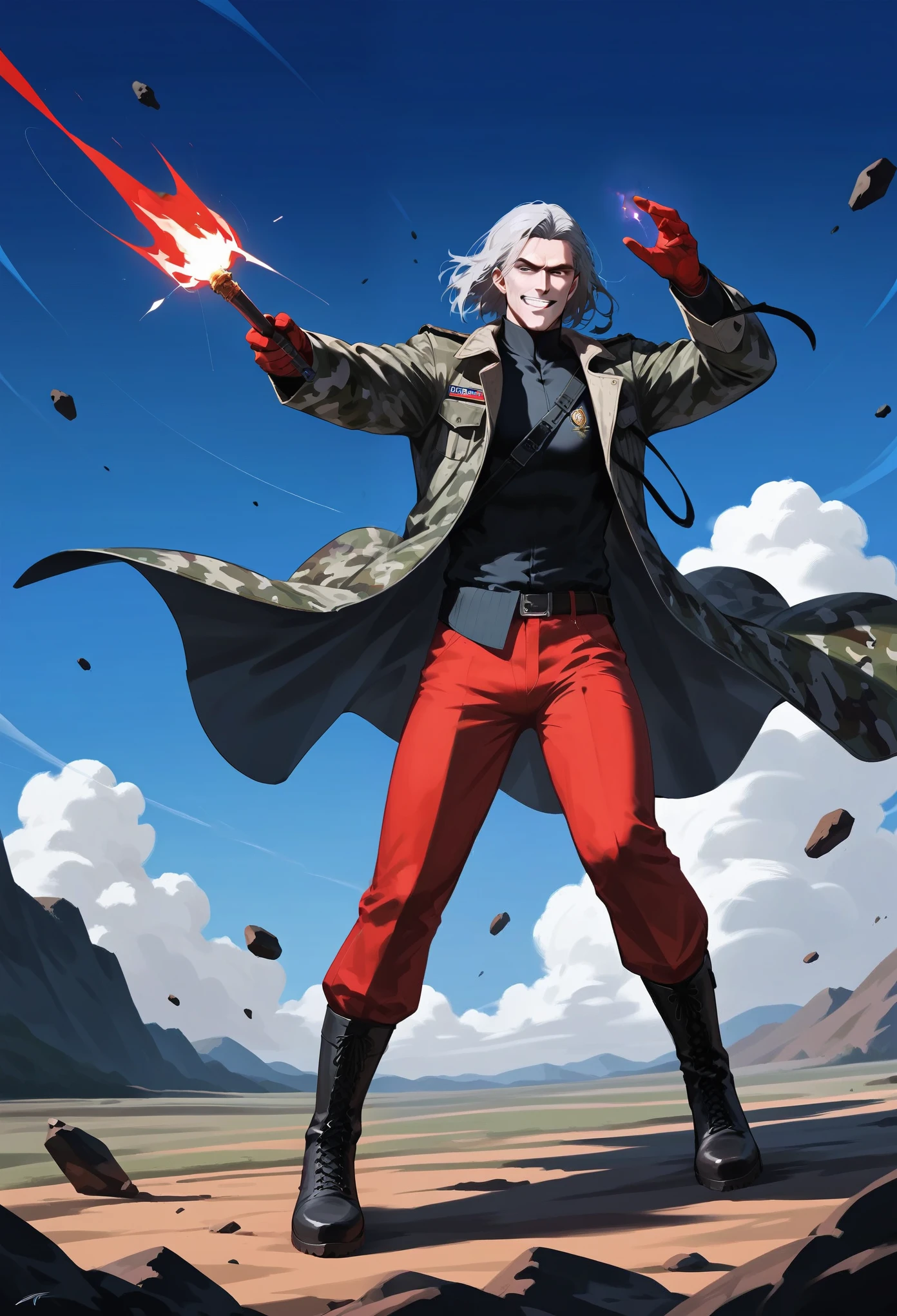 score_9, score_8_up, score_7_up, score_6_up, score_5_up, score_4_up, (masterpiece, best quality:1.2), highly detailed, rating_explicit, illustration,mature men, , evil smile, grey hair, medium hair, toned body, full body, camo jacket, red pants, leather boots, forwst landscape , action painting, magic weapons, thunder strikes, 