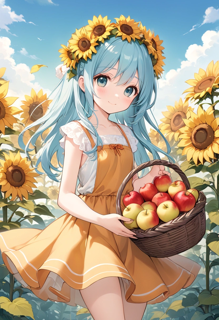 asterpiece, best quality, extremely detailed, (illustration, official art: 1.1), light blue long hair anime girl with apple basket,((((little delicate girl)))),(((tareme))),droopy eyes.(true beautiful:1.2), sense of depth,dynamic angle,,,, affectionate smile, (true beautiful:1.2),,(tiny 1girl model:1.2),)(flat chest), the goddess of autumn harvest, Official art, Beautiful sunflower anime girl, , official artwork, , painted in anime painter studio, 🍁 Cute, by Yang J, Anime visuals of cute girls, official illustrations
