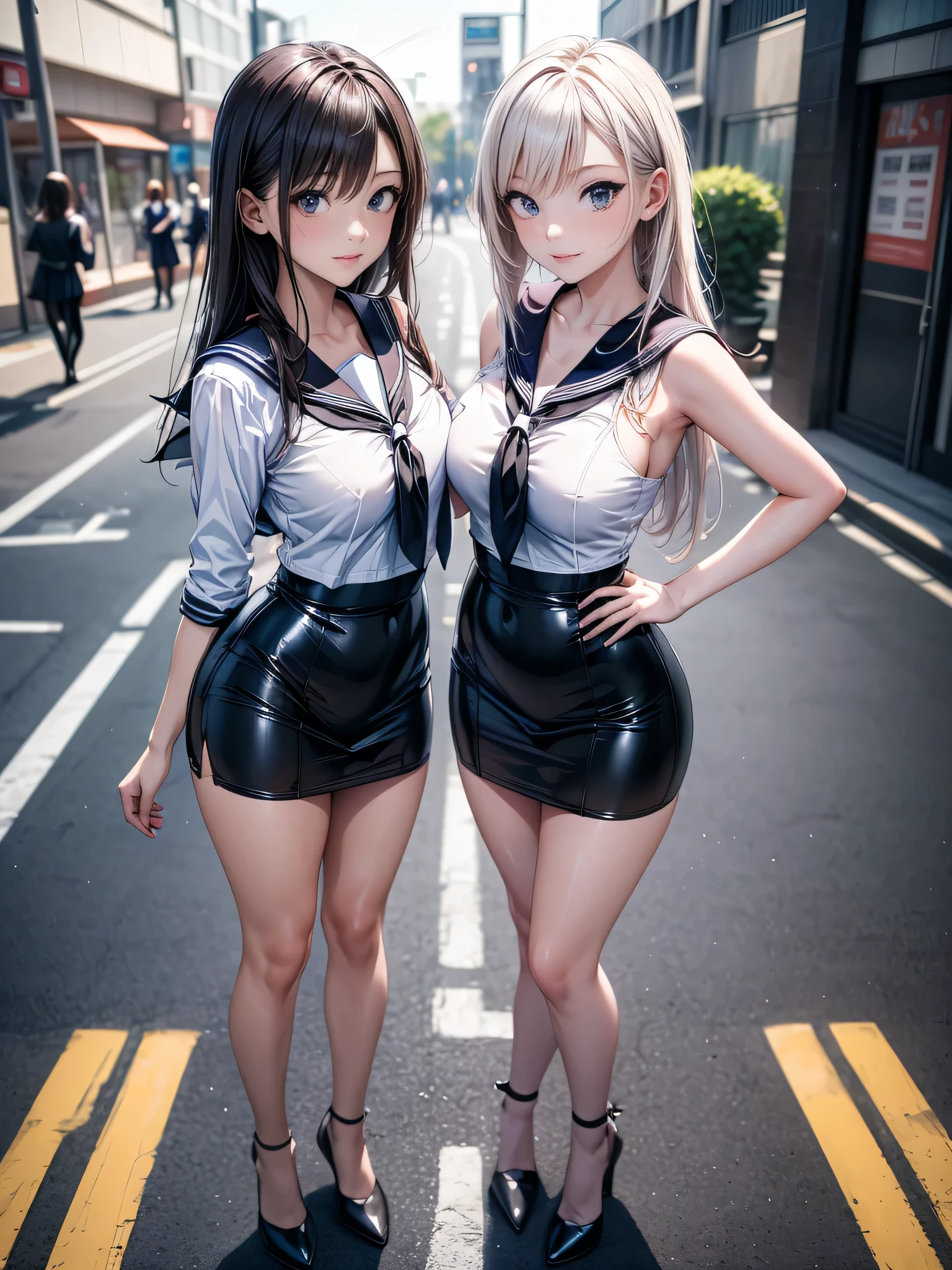 (masterpiece:1.3),(best quality, highest quality),((Full Body Shot,Including face)),2girls,4K,masterpiece,((Focus on the face)),((Symmetrical facial features)),Beautiful woman,(Slender:1.5),Facial detailing,(Latex black sailor suit、skirt:1.3)、tie、Shibuya Center Street,JK、High school girl、High heels、Game Center