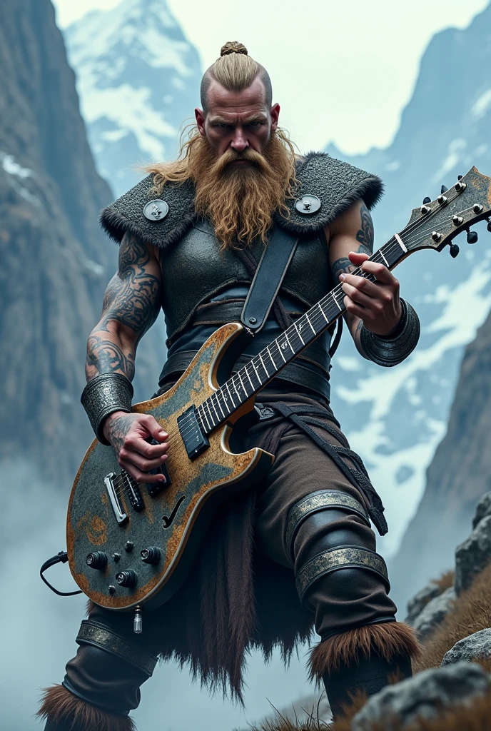 "Tall and strong Viking grown man, shirtless, playing guitar in Floret. [muscular:1.2, red cape, dragon tattoo on arm:0.9, long hair, full beard, view from above:1.1, firelight:0.8, contrast enhancement:0.95]" --auto --s2
