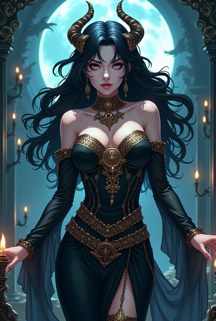 A voluptuous tanned brunette elf woman, wearing a luxurious black dress with jade details, long hair that reaches the floor and very long elf ears, from his eyes burst forth incandescent flames, gold-plated body painting that covers your back and arms, your nails are gold colored, is writing a letter in his office. Image Image 1920x1080. Japanese animation art 90s
