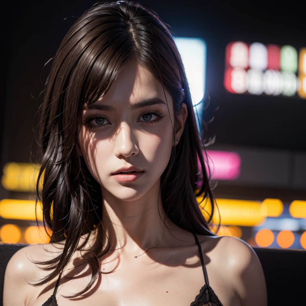 (8k, RAW photo, best quality, masterpiece: 1.2), (realistic, photorealistic: 1.37), 1 girl, 32 years old, female, cityscape, night, professional lighting, photon mapping, radiosity, torn, large, pure white and very small knitted with protruding tips, protruding areola, clearly visible pubic shape, gal, many eyelashes, Lame on the eyelids, pitch black lip, pitch black heels, pubic hair, bristles of the lower abdomen, slender, open groin, are large and prone to spill out of the bra, pubic hair is very large, pubic hair is very protruding, whole body