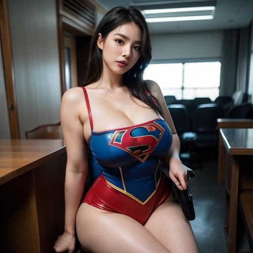 Supergirl、emphasize big bust、Inside an alien spaceship、Supergirl Fighting Aliens、(Five short green aliens:1.2)、Restraint Chair:1.2)、Supergirl in custody、detailed face, ultra high resolution, photorealistic:1.4, UHD