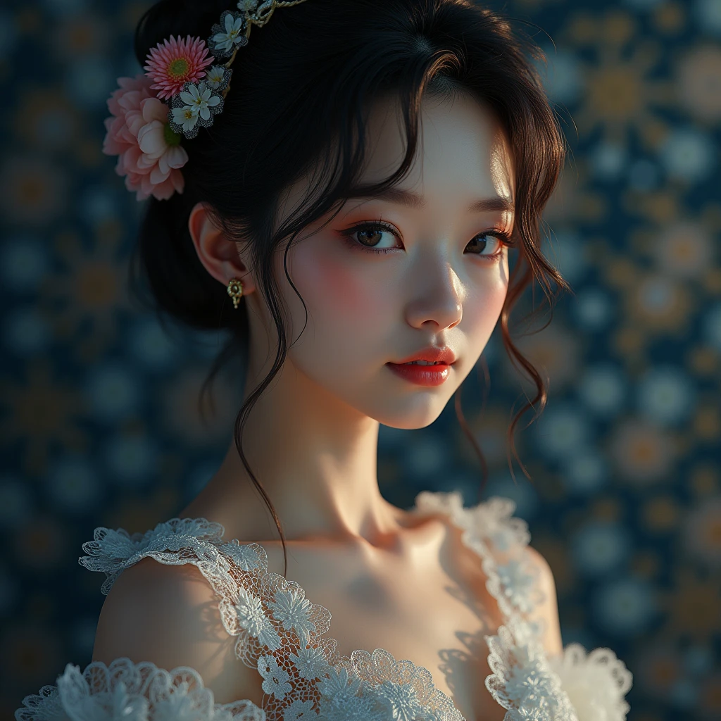 (masterpiece),(best quality),1girl,ultra high resolution,ultra detailed,realistic,beautiful japanese woman,20 years old,intricate lace dress,pale flawless skin,upper body portrait,neon light,complex pattern background,(glowing skin),(sparkling eyes),(perfect face),(detailed eyes),(intricate details),((beautiful lighting))