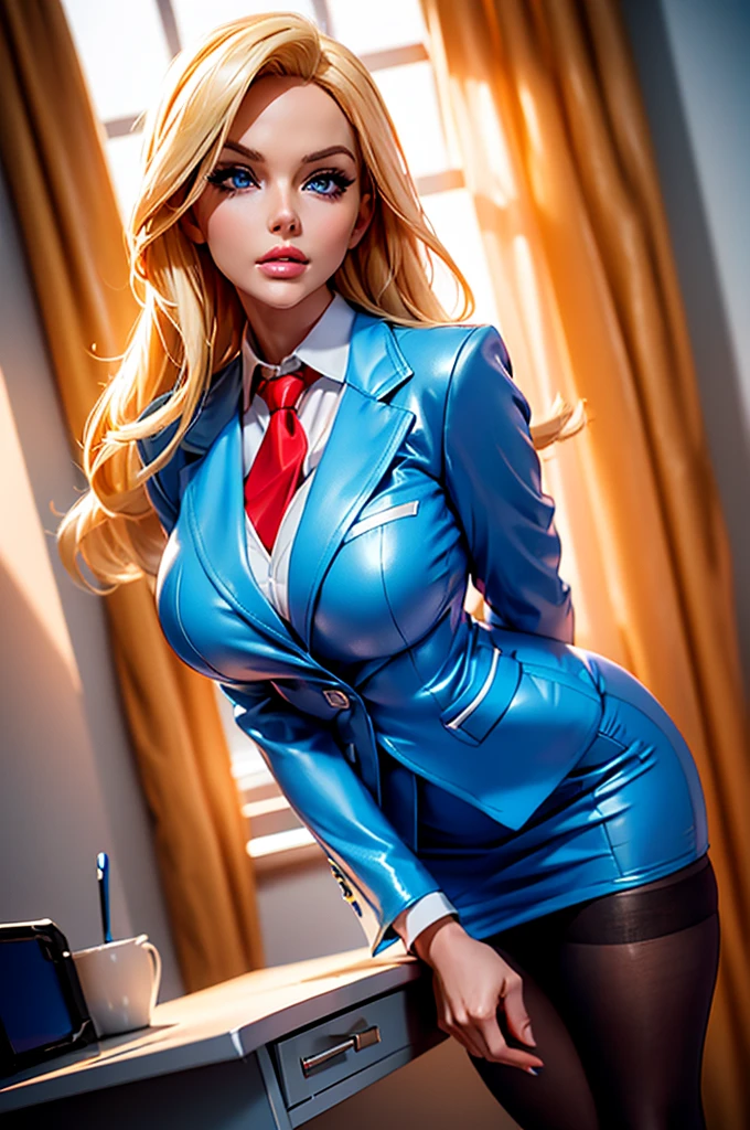 a beautiful woman with blonde hair, wearing a blue suit jacket, pantyhose white shirt, blue office skirt, red tie, and blue high heels, red bimbo lips, posing provocatively, photorealistic, highly detailed, 8k, cinematic lighting, dramatic composition, elegant fashion, glamorous