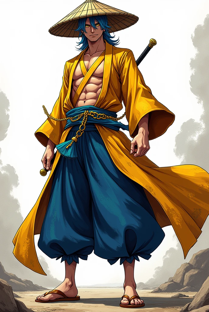 generate a full body image for Trafalgar D wallpaper. Water Law in his yellow Wano clothes