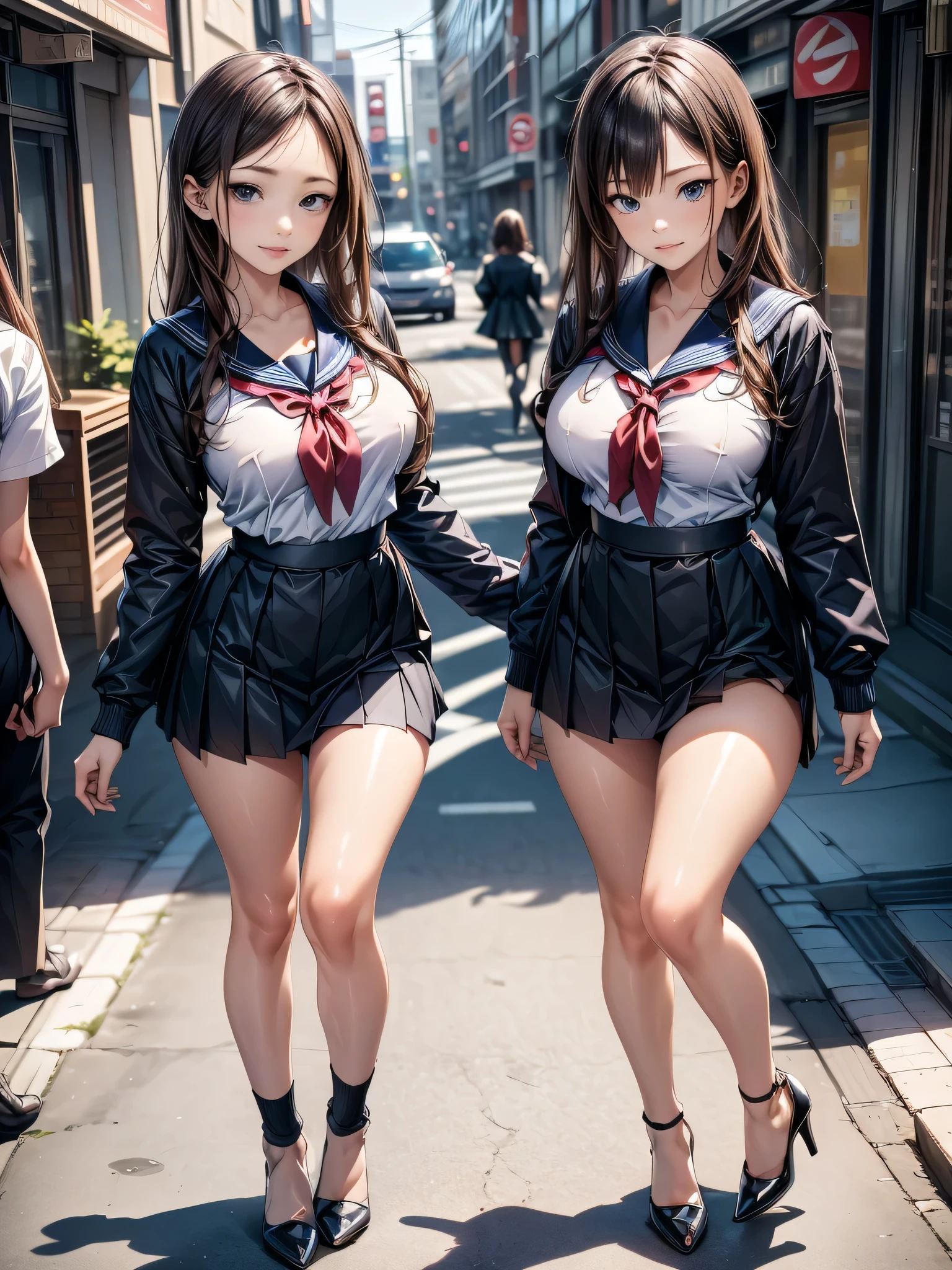 Very nsfw, Two girls, school uniforms, lifting skirt, lifting top, breasts, joyfulness, happiness, ((facing each other)), ((girl one on her knees, legs spread open, no panties, head looking deep in to girl two panties)), girl two standing ((lifting skirt)), enjoying the touch of pleasure,