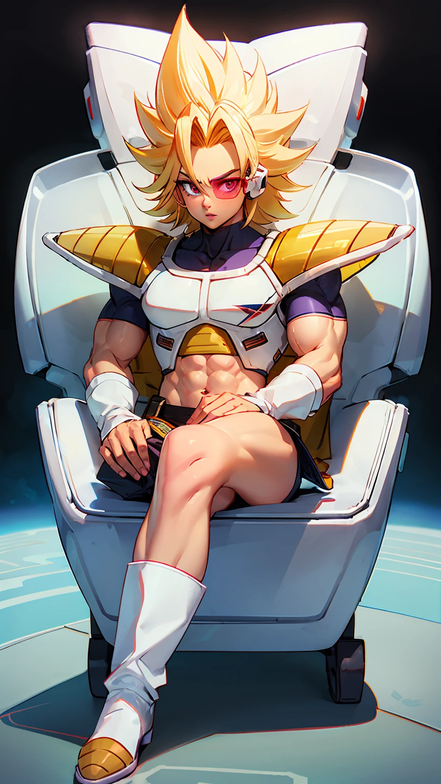 Caulifla , blonde spikey hair , raising right eyebrow, eyeliner, beautiful eyebrows, lip filler, eyelashes, tinted eyewear, saiyan Scouter, saiyan armor, saiyan boots, white cape, muscular body,hand on face , full body shot, crop top, sitting on chair, frieza spaceship, detailed eyes, perfect face, high quality, UHD, perfect anatomy