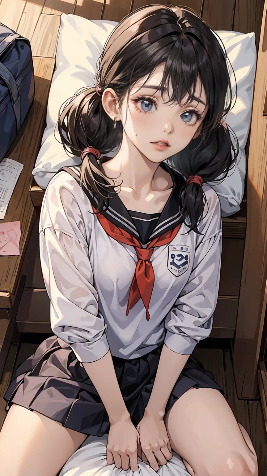 Portraiture, Official Art, finest masterpiece, Best Quality, Highest Resolution, 8k, Most detailed, Perfect Anatomy BREAK shirayukiKC, One girl, Alone, skirt,shirt, Twin tails, School,Sailor suit, Sailor collar,neckerchief, low Twin tails, short Twin tails,, (Small breasts, child_Like a build, low length:1.2) BREAK nsfw, Masturbation, Straddle, Cowgirl Position, Almuada, pillow, on pillow, Rubbing the groin BREAK (Female orgasm:1.3), (Lewd face, Red cheeks, Close your eyes:1.2), Open your mouth BREAK 豪華なマンション, bed, (night, midnight, darkness:1.3), Particles of light, Dust, Very detailed 16K CG wallpaper of a girl，(Close-up of faces)Open your mouth，Excited，Wet (((Sticky milkshake liquid))),Wet(((A large amount of mixed milky liquid is poured on the gym clothes))),Eyes open, The whole body is covered in oilで光沢感がある　Used rolled tissue paper,　 Used crumpled tissue paper, Pieces of used tissue paper on the ground,　Excessive sweating in the face,Dripping sweat,Sleeping on a mat,pillowに頭を乗せている,Dirty duvet　Very old thick mat ,In the gym storeroom,　There are a lot of used tissues on the floor ,　Crumpled used garbage is scattered all over the place..,　A room cluttered with used tissues,A mat cluttered with used tissues　、Embarrassing　Dimly lit room　Hardwood Floors　Used rolled up tissues scattered around、The upper body is school&#39;Designated white gym uniform., Blue Sleeve、The lower half of the body is blue bloomers、Close-fitting shorts、high school student、Illustration Style　Anime Style　Mouth wide open、Mouth is wide、　beautiful girl　Cheeks pink　Super Curly Hair　Super long sideburns　Hairbands　Big Eyes　Droopy eyes　Shocking Pink Rouge　Sweating profusely　Steam coming out of the whole body　Steam rises across the screen.　White Breath　Haa　The whole body is covered in oil　evening　Overall orange background　Sunset sunshine、 (pillowに頭を乗せる), (Cover your chest with a blanket), Head to chest composition, Upper body drawing, high school student,With both hands up and messy, /(Long Black Hair/), (Neat, shiny, long hair), Eyes open, (16:00 AM), (evening) Sunset,
