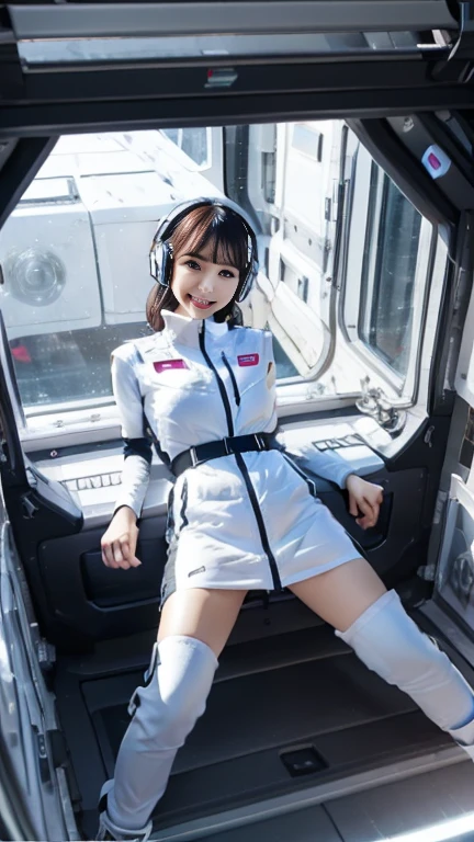 (Best Quality), (masterpiece), 1080P, High resolution, 4K, 8k, Inside the space station、Futuristic room、One Woman,20yo,astrovest,white shiny latex astrovest, black long sleeves,white down skirt,BREAK Shooting from directly below,Composition seen from below:3,BREAK Flip up the skirt、skirt rift up,Show your pants:5,、BREAK Smile、White diapers:3, sweat, Woman looking down,headphone,Braided Hair, Inner Color, Embarrassed face, Short black hair, smartwatch,, bedroom,