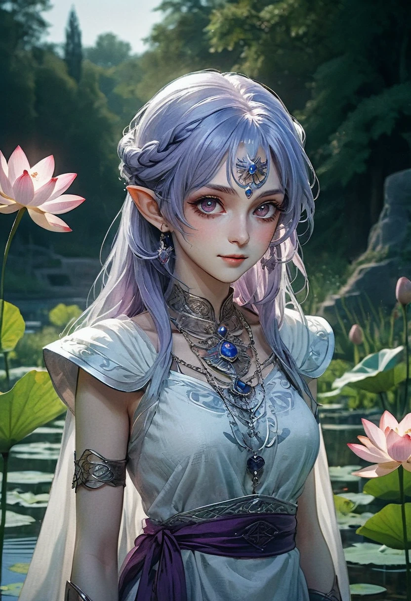 (Ultra-detailed face, looking away, Fantasy Illustration with Gothic, Ukiyo-e, Comic Art, dark tone colors), 
BREAK 
(This is a small mountain village in a medieval European style. From the hilltop, a pond filled with abundant water can be seen, and lotus flowers are in full bloom. There is a small church and a clock tower in the village, and white smoke from the chimneys is wafting as evening meal is served. Moonlight shines through the clouds like a spotlight on the pond, giving it a mysterious glow.), 
BREAK 
(A female dark elf healer with reddish cheeks lies on the soft grass by the shore of the pond, holding a large lotus flower in one hand, smiling gently at it and kissing its petals softly.), 
BREAK 
(A young-aged dark elf woman with silver color hair, blunt bangs, very long disheveled hair and dark purple color skin, lavender color eyes. She wears smoky makeup around her eyes. She wears dark eyeliner under her eyes.), 
BREAK 
(A female dark elf healer wears a blue jeweled hair ornament, a light gray linen cape dress with silver and red embroidery on the lace, and sandals with braided thin strings. She wears a large fan-shaped necklace woven with bright beads.)