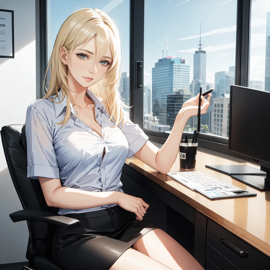 In the office, dusk, sitting on a chair, crossing her legs, an executive secretary, 27 years old, hands on the desk, short sleeve blouse, smooth fitted miniskirt, perfect body, hourglass body, wide waist, medium hips, big chest, green eyes, golden hair, triangular face, perfect hands, almond shaped eyes, perfect fingers,