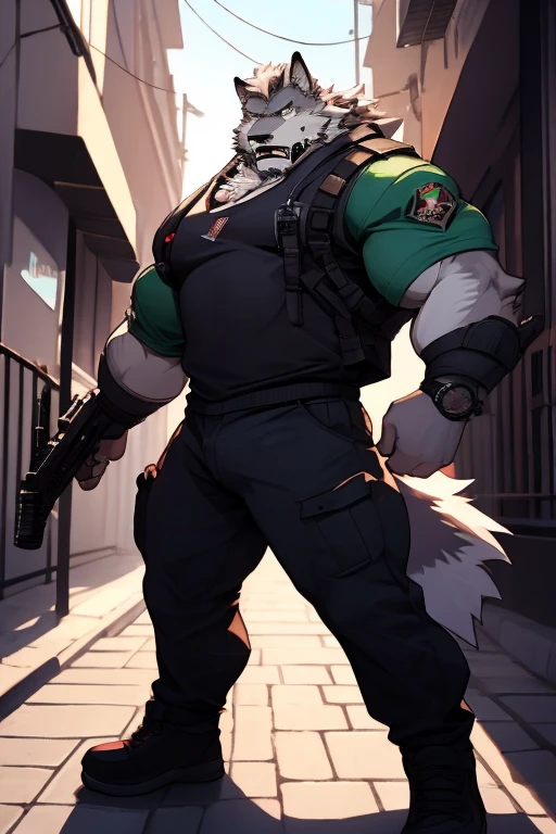 A Focused on the Upper and Right side Body Picture of A Very Muscular Furry style Gray Wolf. he is wearing A Full long Green soldier suit. his eyes are looking at the viewer. his both hand are holding a very large gun. his mouth is open wide. he is very Shocked and Angry. his both hand is on his waist. he is in a city that have some human in the city