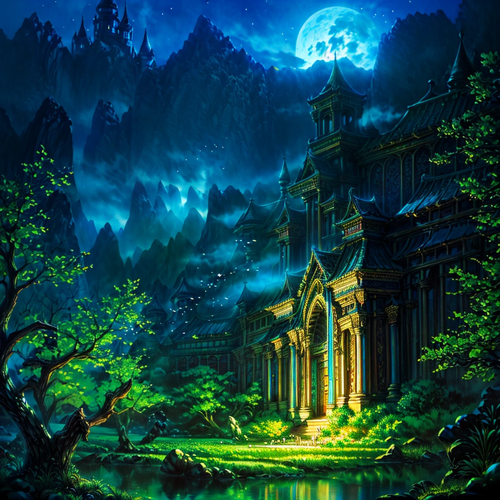 Elven city, spiderweb buildings, mushroom architecture, moonlit scenery, blue light, magical ambience, mystical aura, ethereal beauty, enchanted atmosphere, intricate details, delicate craftsmanship, otherworldly charm, elvish elegance, natural materials, majestic structures, moon's reflection, shimmering webs, luminous fungi, soothing glow, enchanted forest, whimsical design, ethereal illumination, tranquil setting, elven craftsmanship, dreamlike scenery, surreal architecture, mystical elements, immersive environment, magical cityscape, captivating view, moonlit streets, celestial glow, enchanting vibes, tranquil moonlight, fantasy world, elven realm, architectural marvels, mesmerizing aesthetics, sublime elegance, enchanted haven, ethereal glow, whimsical charm