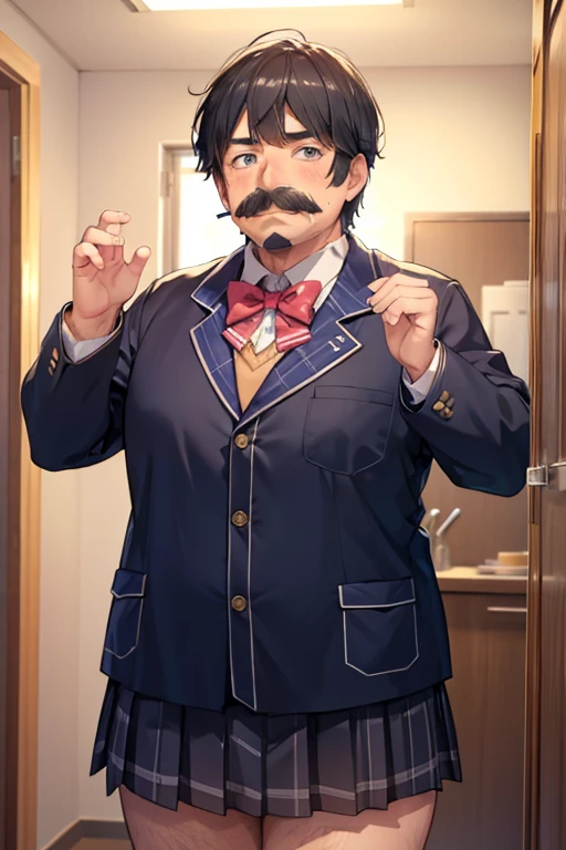 1man,Mustache,short mustache,old man,Fat man,Womens clothes, Tsukino Mito outfit,high school girl costume,