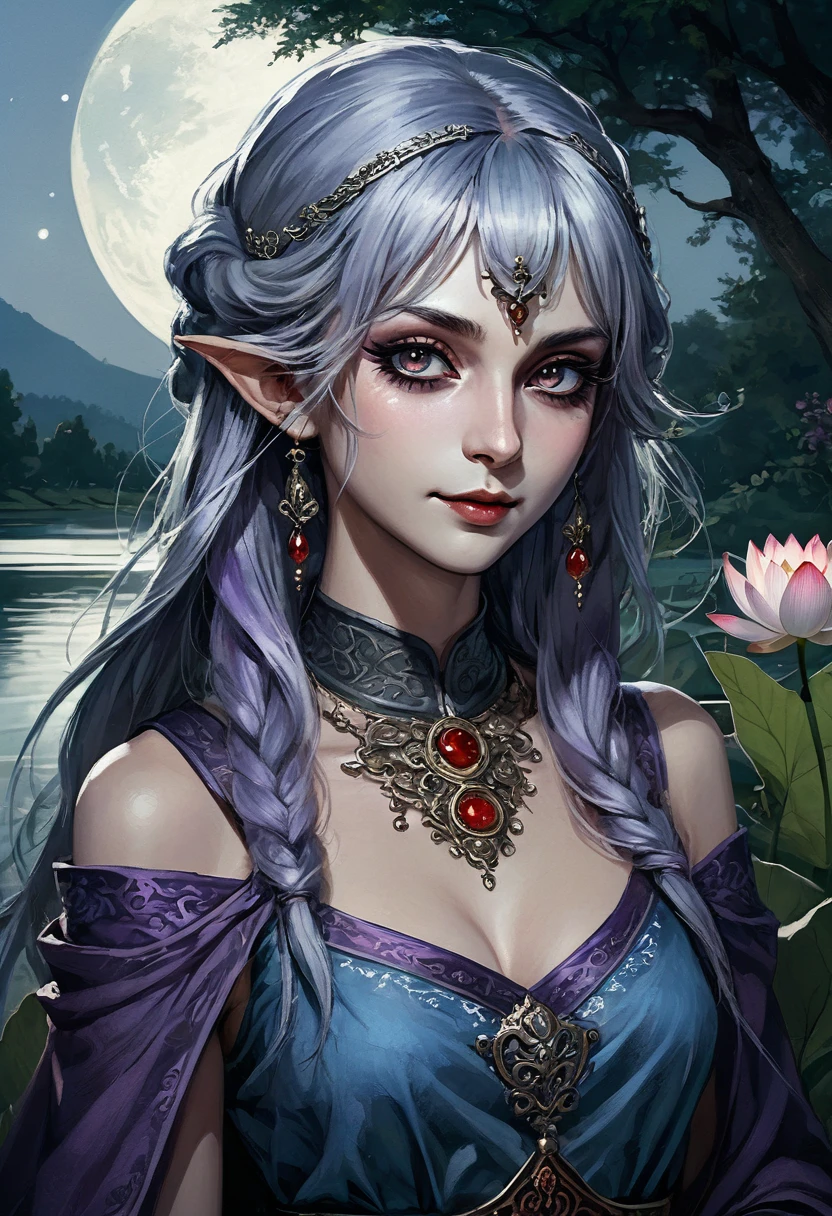 a Moon Elf, Large full moon in background, chiaroscuro, hyperrealism, luminism, hd, very detailed, 4k, 8k, shot on a Nikon Z7 II and Nikon NIKKOR Z 105mm f/2.8 VR S, best quality, (detailed face, detailed eyes, detailed pupils, detailed clothes and features, clear background) --auto --s2