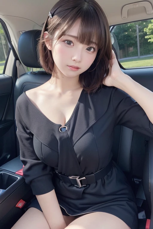 (((Please fasten your seat belt)))、((Angle from the front))、(sitting in the passenger seat of a car)、(((One seat belt should go diagonally across your shoulder and chest.)))、(The seat belt digs into her cleavage).、Beautiful 20 year old woman、((Angle from the front))、Bust Shot、Wearing a white shirt、Medium Hair Short、Best Quality、High resolution、非常にdetailed、masterpiece、RAW Photos、Realistic、Realistic、Very delicate and beautiful、detailed、