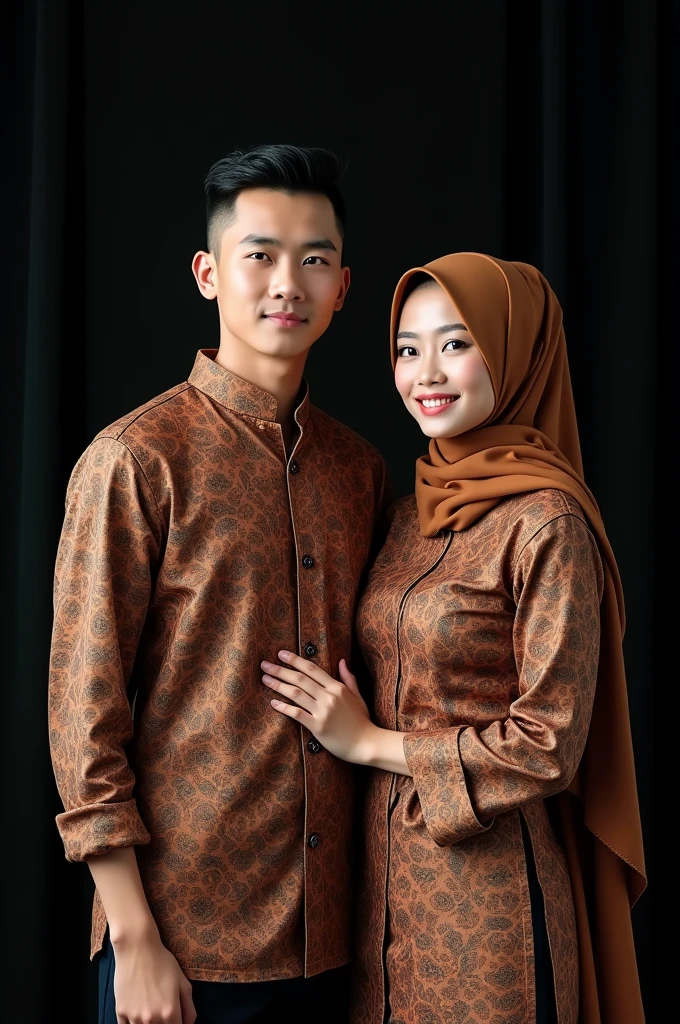 (photorealism ,19 year old Indonesian man with small and thin body (short) haircut (undercut) wearing long-sleeved batik and black jeans ,with a 1 woman wearing a brown hijab with a batik kebaya and a skirt ,both of them face forward with a smile ,background studio