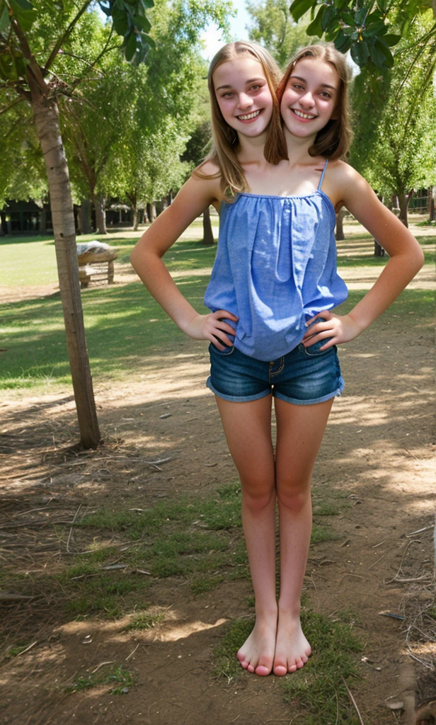 A boy 10–12 years old stands in an overgrown dacha, he is wearing a crop top and short shorts, he is barefoot, hot summer day at the dacha, dacha, Short top, crop-top, Short shorts, boy barefoot, bare feet