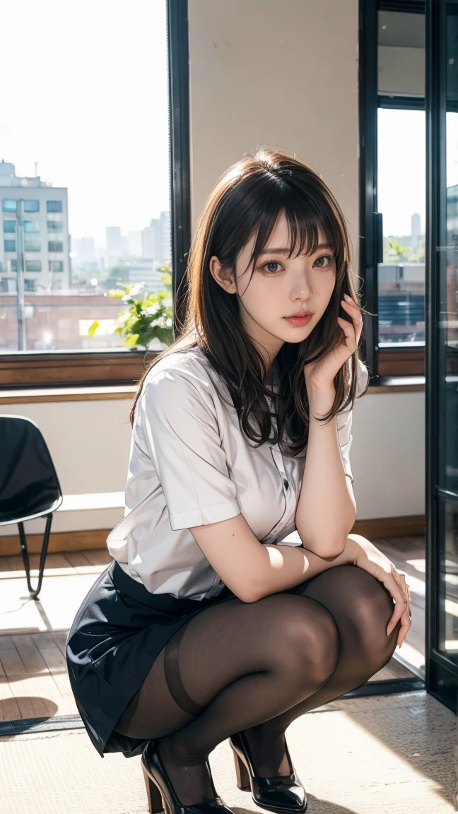 finely detail, hight resolution, hightquality、Perfect dynamic composition, Beautiful detailed eyes, Medium Hair, small tits、Natural Color Lip,Kamimei、Shibuya、20 years girl、1 persons、Transparent skin、Glowing hair、masutepiece, Best Quality, Illustration, Ultra-detailed, finely detail, hight resolution, 8K、The correct state of the human body、crouching down、Gravure Model Pose,Hair soaring in the wind, 1 girl, schoolgirl, white shirt, grey skirt, Classroom