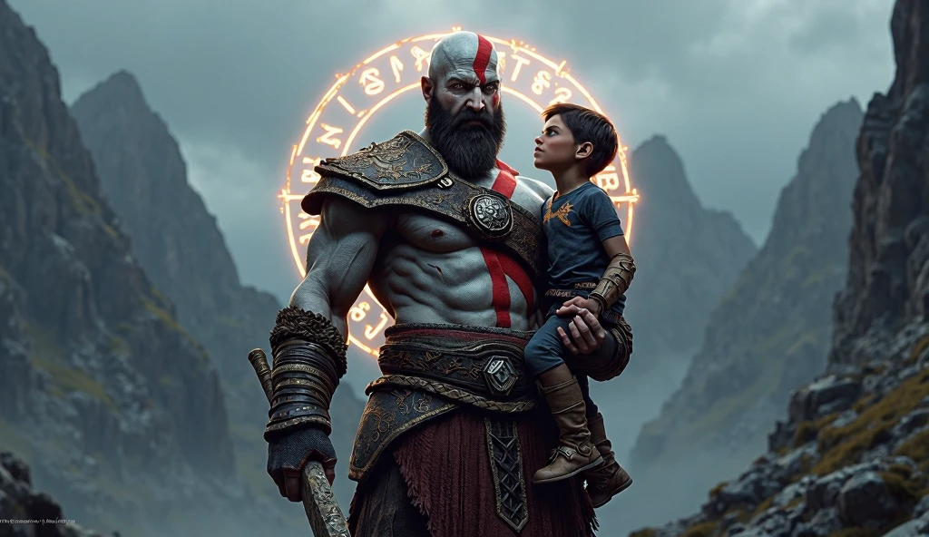 a gamer boy in game world hugs god of war kratos