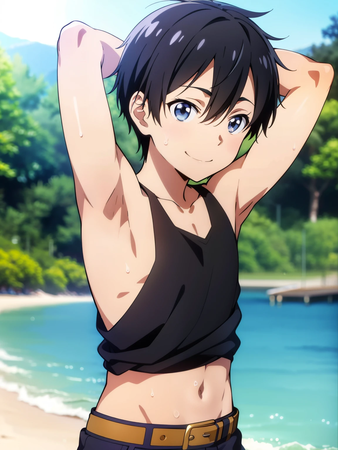 Highres, Masterpiece, Best quality at best,Best Quality,hight quality, hight detailed, Anime style, 1boy, Shota, young boy, kirito, black hair, black eyes, hair between eyes, solo, 1boy, smile, beach, Tank top, upper body, belt, (Showing armpit:1.3), (very young boy), (very small and short body), smile, Blurry beckground, cute boy, Uhd, bokeh, sweat
