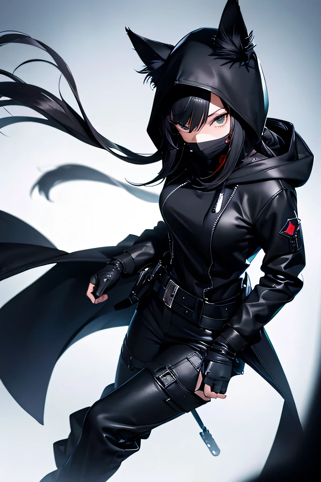 anime, female, ninja, bamboo forest, black hair tied up, half mask, piercing blue eyes, night time, fog, worn black leather clothing, tanto, red strapping, hood