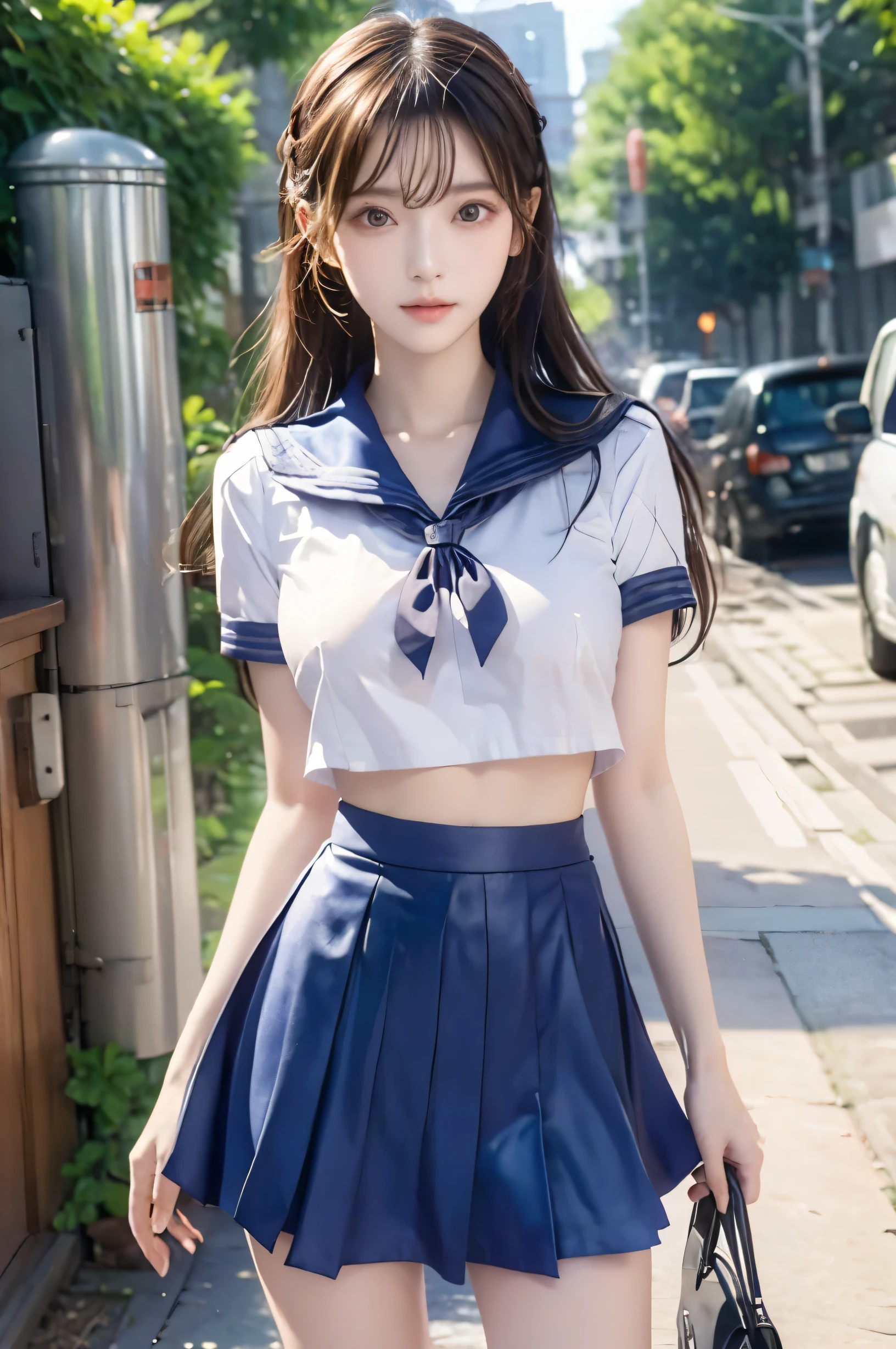 (Ultra HD), (Looking at me), (Short-sleeved sailor uniform, Navy blue mini skirt), Big Breasts, Super beautiful breasts, Slender, (Thin legs:1.2), (Thin thighs:1.2), (Thin Hips:1.4), (Beautiful Skin, Shiny skin, White skin), (Super slim face, Super beautiful face, No makeup, Smile:0.6), (Light Brown, Long Hair, Layered Cut, Fluffy hair), (Big eyes:1.4, High corners of the eyes:1.4, Double eyelids), (Thin eyebrows:0.1), (Small Nose:0.6), (Thin lips:0.6), Standing, In front of the school gate