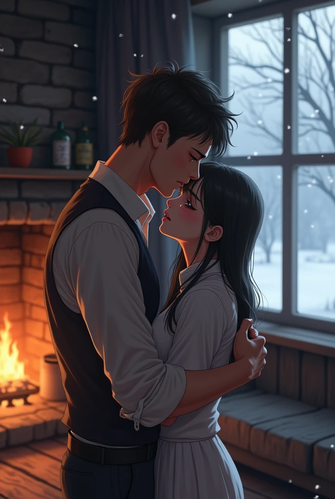 (best quality, ultra-detailed, photorealistic: 1,39) A woman, young woman, pretty woman, skinny woman, cries, Many tears, big tears, a man, young man, nice man, trained man, comforts her, loving, passionate, am kamin, fire burns, through the window you can see a snowy landscape, beautiful snow landscape, Anime-Stile.