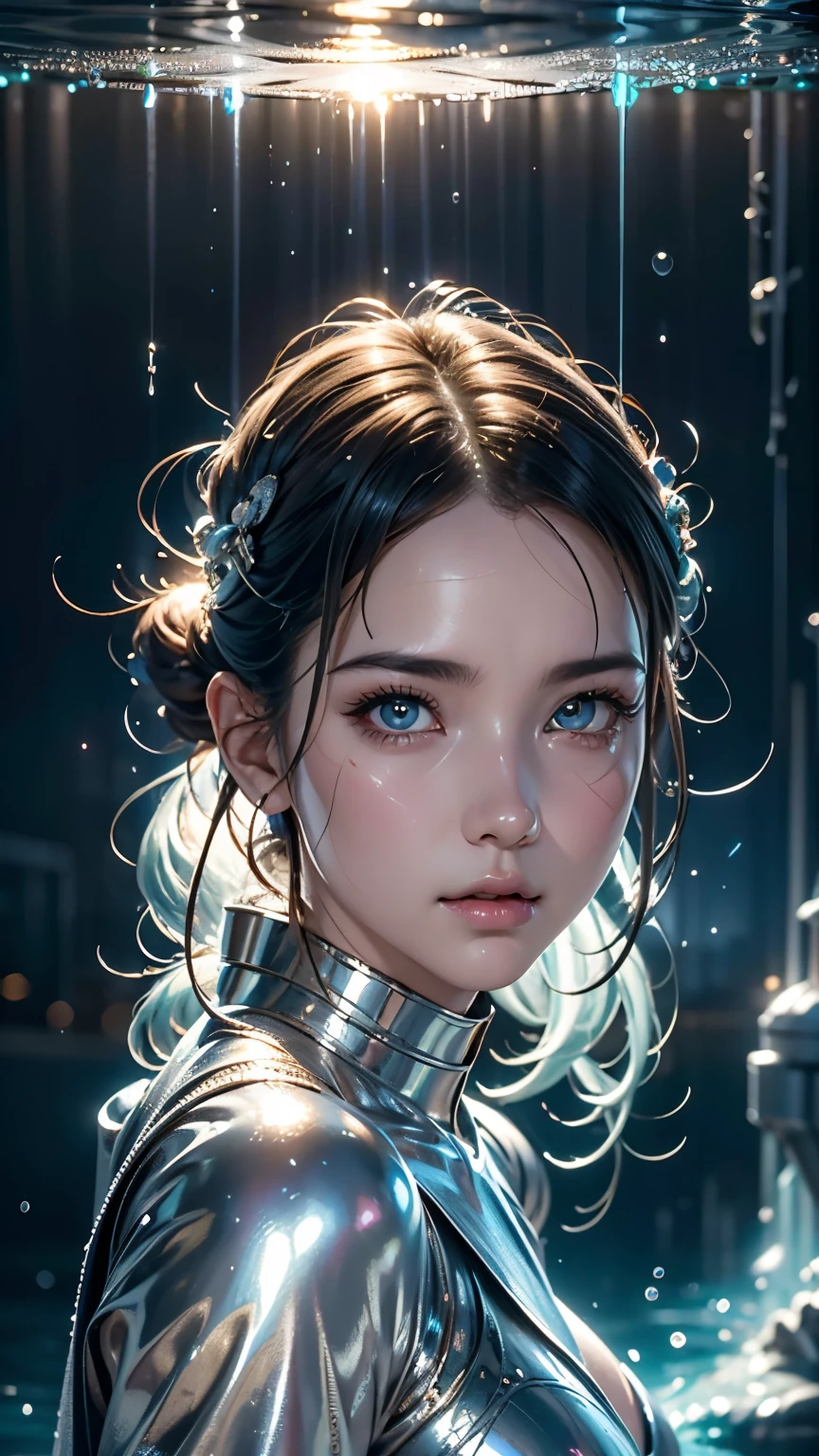 best quality, masterpiece, realistic, 1girl, goddess, messy [updo|hanging] hair, (full body:0.6), solo, (full body:0.6), looking down, detailed background, detailed face, Sc3pt4, sci-fi theme:1.1), mercury-wizard, melancholic, surrounded by waves of iridescent silver, alchemical imagery, reflections, silver-colored fluid, metallic sheen, shiny, dynamic pose, fluid movement, floating particles, droplets of mercury, flowing metal, blending mercury, foreign planet in background, dripping mercury formations, volumetric lighting, cinematic atmosphere, sharp details, high detail skin, realistic skin texture, perfect eyes, pussy