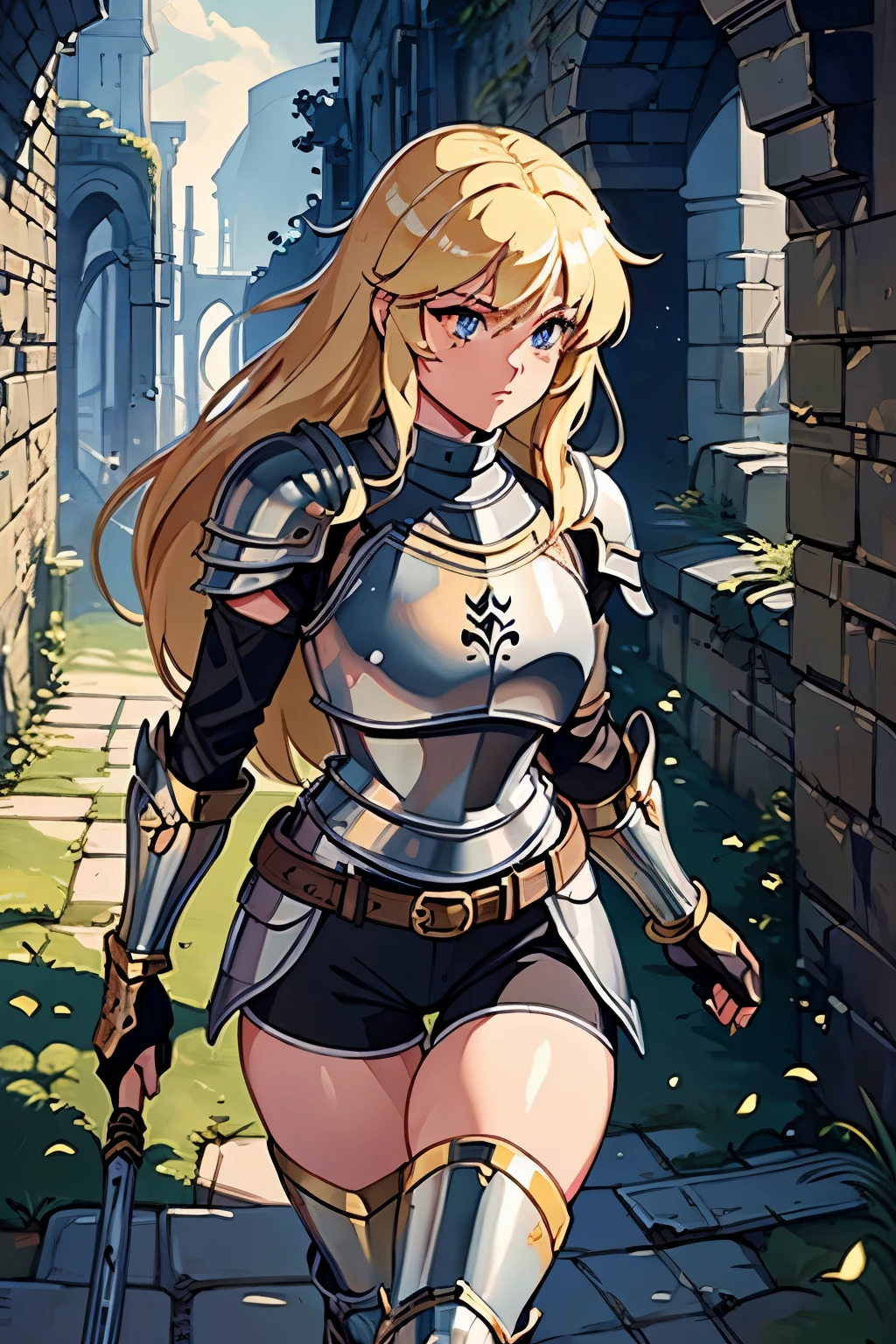 ((ultra-detailed)), (beautiful detailed eyes), (masterpiece), best quality, expressive eyes, perfect face, 1girl, knight, gold armour, white shirt, black shorts, white pantyhose, gold bracers, black gloves, plate armour, knee boots, blonde hair, long hair, walking, knight, paladin, ranger, pirate, armor, rogue, torch, wooden doors, ruins, abandoned, old, moss, stone wall, underground, dungeon, dungeon-background, iron doors, medieval-armor-girl, armored, p line, yoga shorts, retro anime, 1990s anime, (cinematic lighting), (illustration), anime, (((best quality))), best quality