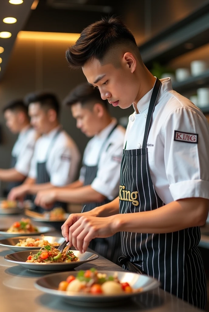 full body, full hd.6 handsome young men Short hair Undercut 20 years old Thai, wearing a chef's uniform that says "King" clean kitchen background, modern luxury restaurant, is cooking.