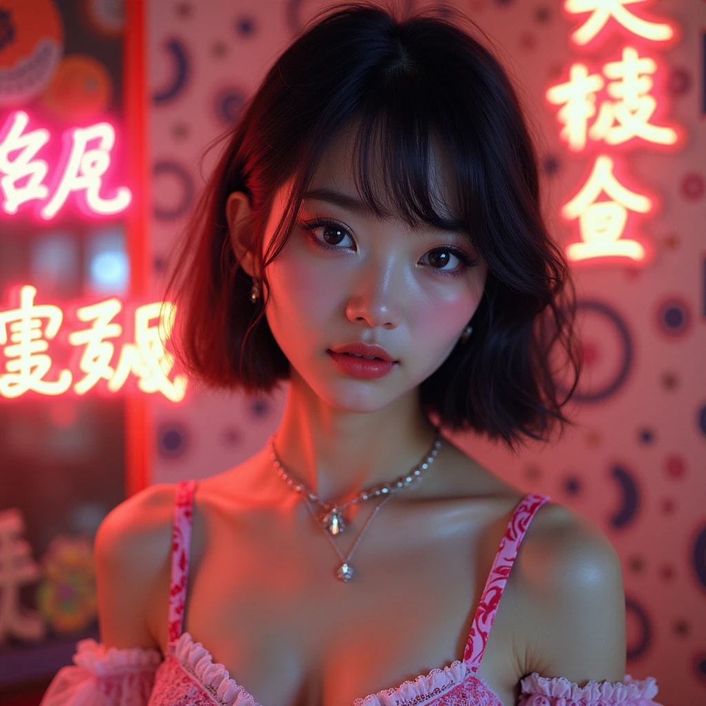 ((Highest quality, 8K, masterpiece :1.3)), (Sharp focus :1.2, Beautiful woman with perfect figure :1.4, Slim Abs :1.2), ((Big Breasts, Emphasize cleavage:1.3)), (Photorealistic:1.4), (realistic:1.4), (Short Bob Hair, Light brown hair:1.5), Highly detailed face and skin texture, Fine grain, double eyelid. Makeup face, A little bit of lipstick, necklace, Earrings, sex appeal, Sexy gravure pose, ((Beautiful woman in a red silk robe、Neon lights in the city at night、Lip biting expression、A pose showing the robe off the shoulders。:1.3)