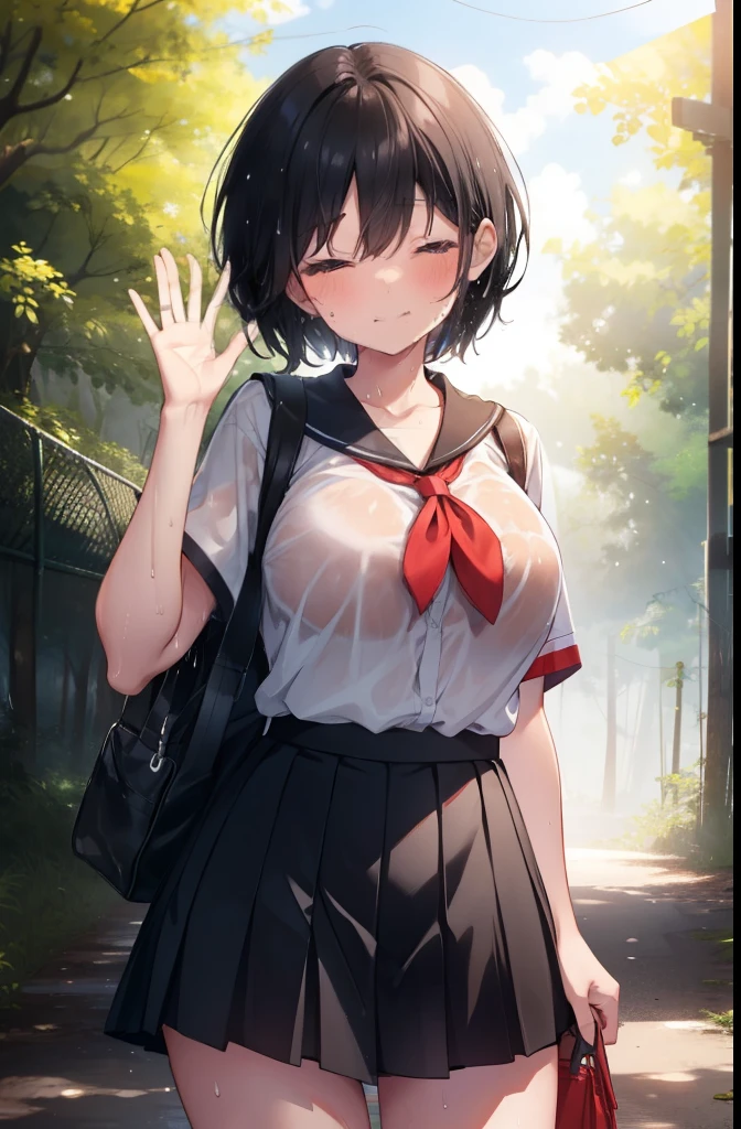 (masterpiece),(intricate details),1girl,mature female,bob cut,,pale skin,large breasts:1.49, brown eyes,smile BREAK school uniform,ribborn,pleated skirt thick thighs:0.5, plump:0.5,((baggy socks,converse)), ((lying on the anywhere)),((upper body,portrait)),from below:1.2,depth of field,looking at viewer BREAK jungle,spring water,fog,((cumulonimbus))