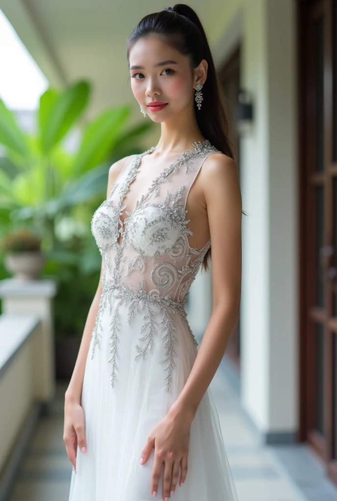 asian women，tmasterpiece，highest qualityr，Realismo fotorrealista，Tremendamente hermoso，muy detallado，Feminine characteristics are different，teta enorme，Pantalla de cuerpo entero，con falda corta，Pelo plateado，1 mujer