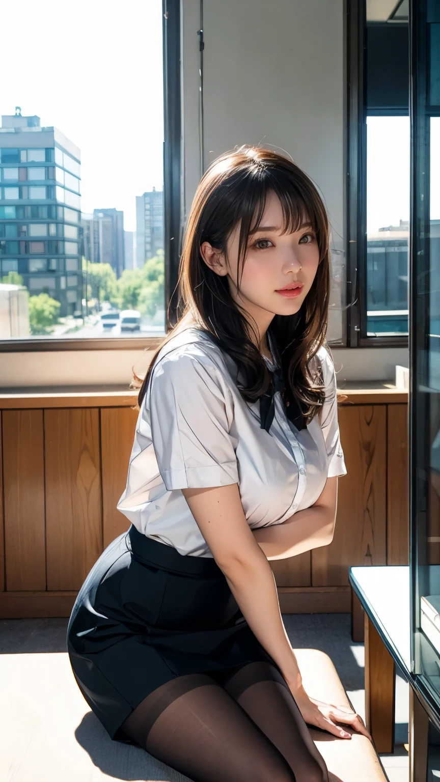 masterpiece、highest quality、16k、High resolution、超High resolution,Written boundary depth、Very detailed、Soft Light、Professional Lighting、Pale shading、Low contrast、Japanese、Beauty、Attractive woman、50 years old、daytime office、Window seat、sitting in front of a computer、A loose, see-through blouse in pastel colors、Sleeveless、Navy Pleated Skirt、Small mouth and beautiful thighs:1.6)、(Big Breasts:1.u can see the chest、Deep cleavage、Saggy breasts、Ample breasts、Voluptuous thighs、Fine and beautiful eyes、(Hanging eyes)、(Thin eyebrows)、(Thin lips)、A kind smile、(Long Wavy Hair、High Ponytail),(The bangs are see-through)、