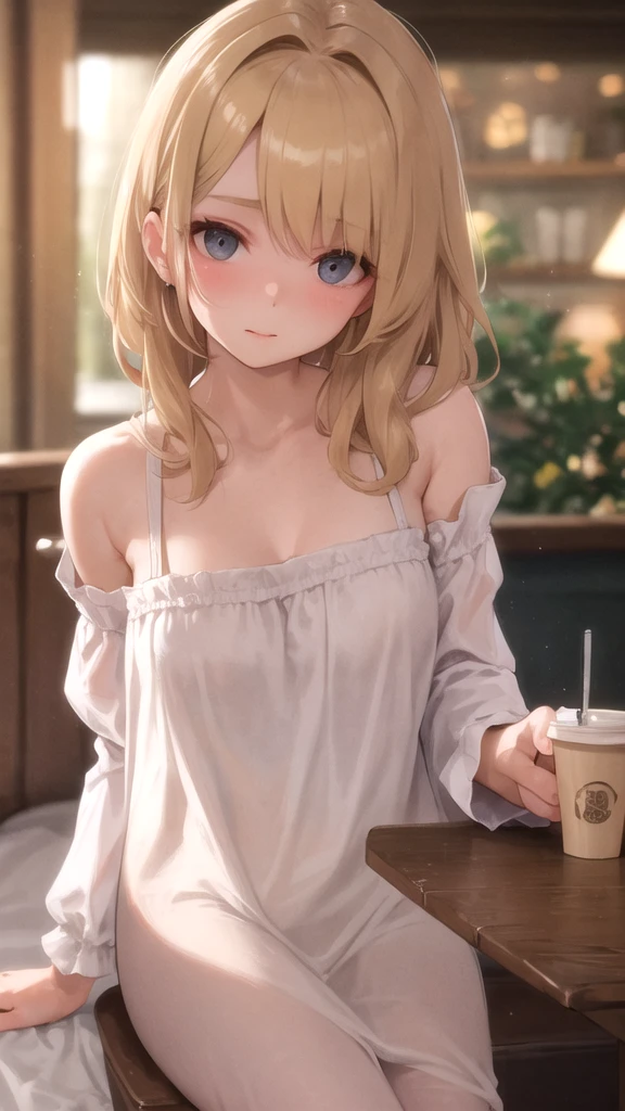 Professional portrait photography, Analog film shot of a beautiful blonde woman in a comfortable dress、Located in a cozy coffee shop, Depth of written boundary, Bokeh, detailed, 8k, Soft Focus, 35mm 