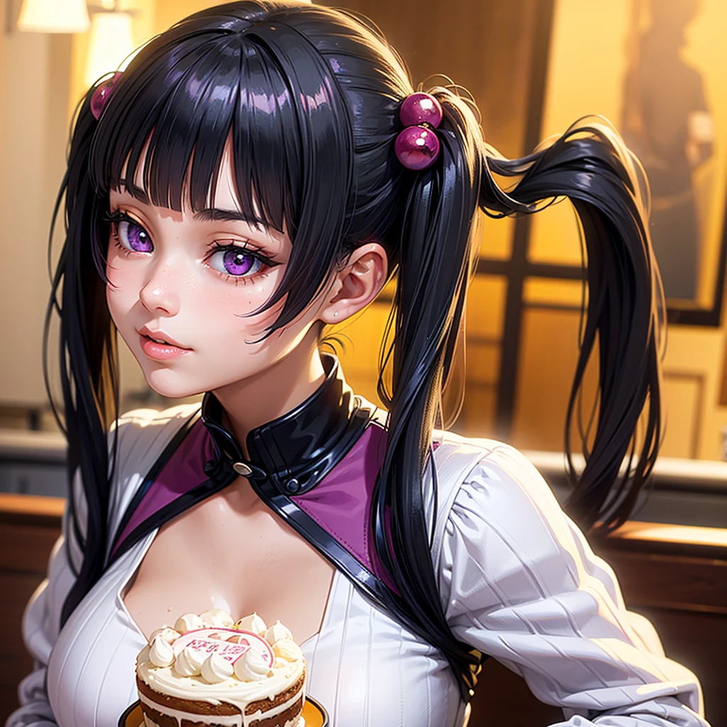 1 girl, solo, twintails, bangs, black hair, beautiful detailed eyes, beautiful detailed lips, extremely detailed face and portrait, breasts, purple eyes, gentle smile, light blush, hair ornament, depth of field, anime style, ashcan school, holding a birthday cake, hyper detailed, masterpiece, 8k, high resolution, photorealistic, dramatic lighting, vibrant colors, warm color palette