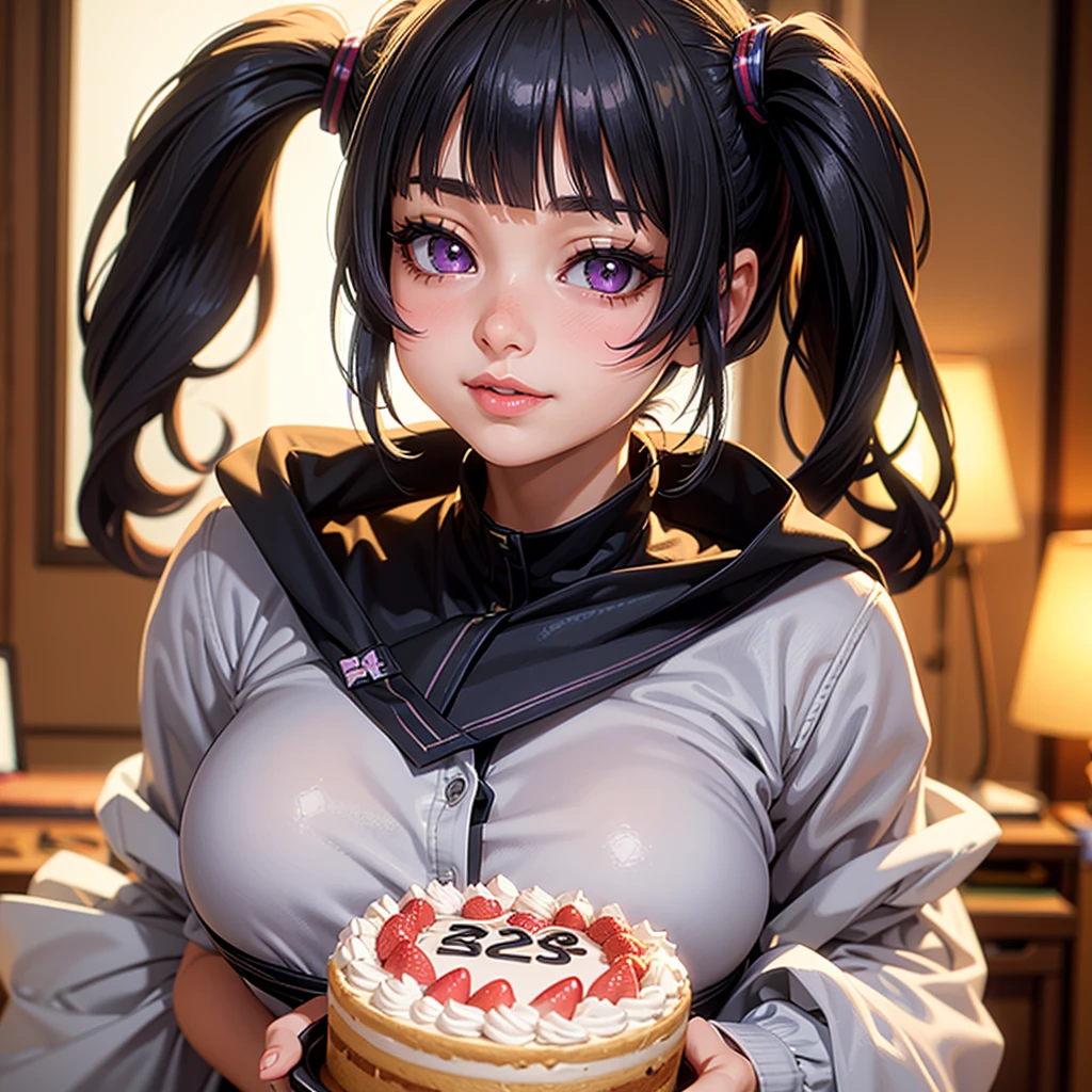 1 girl, solo, twintails, bangs, black hair, beautiful detailed eyes, beautiful detailed lips, extremely detailed face and portrait, breasts, purple eyes, gentle smile, light blush, hair ornament, depth of field, anime style, ashcan school, holding a birthday cake, hyper detailed, masterpiece, 8k, high resolution, photorealistic, dramatic lighting, vibrant colors, warm color palette