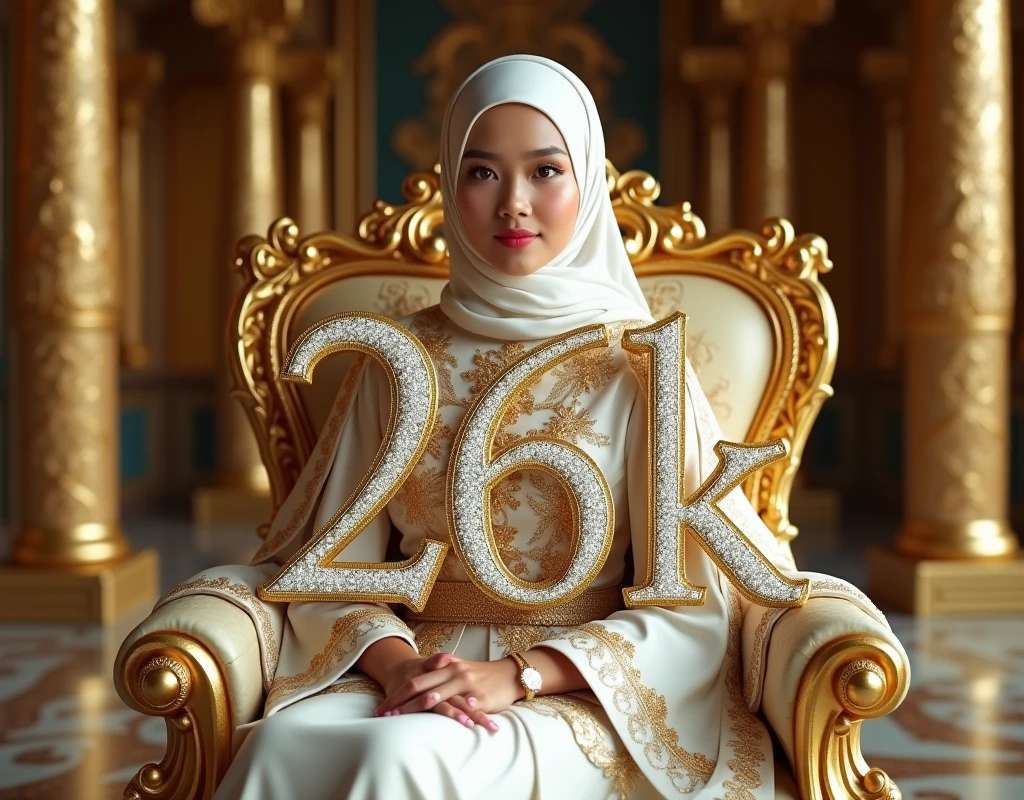 Original photo. young Indonesian woman wearing a hijab. happy smile expression wearing glasses. beautiful white sharia dresses. down from the door a luxury black Rollroys. walking on the red carpet holding a large rectangular gold metal engraved with "10K FOLLOWERS" on the left and right, there were many 100 people and journalists photographing them with flash flashes. holding a camera and cellphone as if to chase him. Ultra-realistic 8K, shot with Leica Q2, strong color contrast and sharp clarity --quality 2 --
