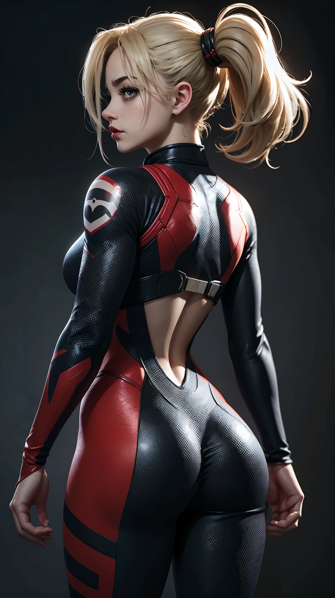 Back view, highly detailed, deep focused image, realistic full-lenght photo, Harley Quinn suit 