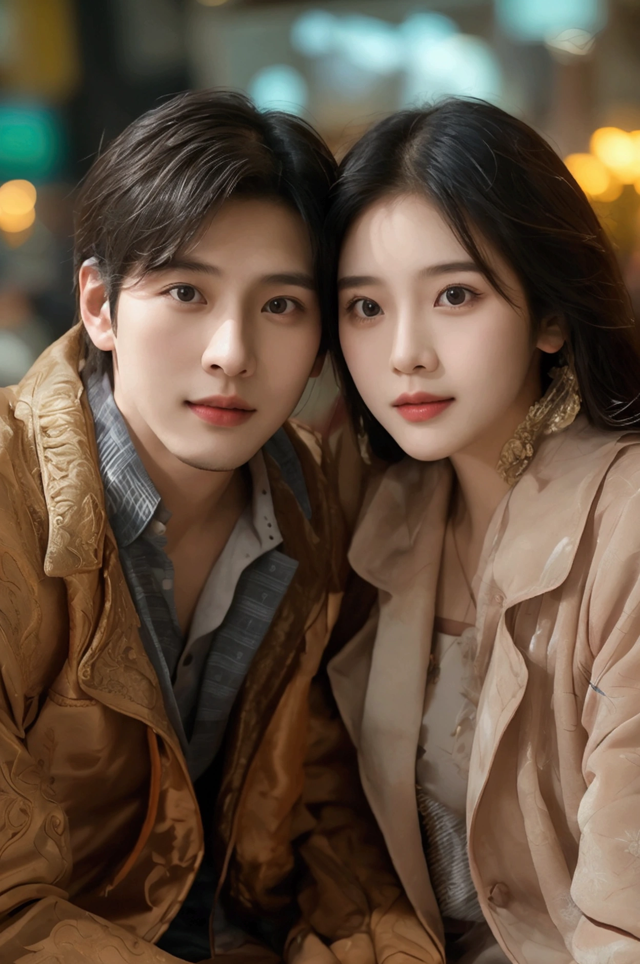 Selfie photo+Thai husband and wife+Handsome young and beautiful girl.+Sit on a long bench+in the department store+photorealistic photo+high resolution+sharp